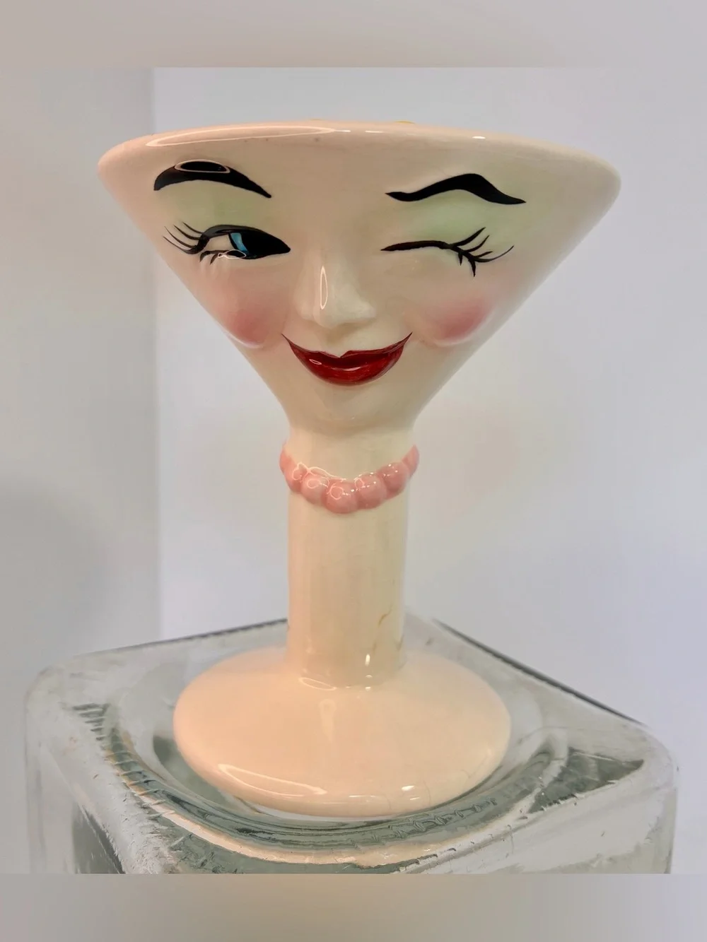 CLAY ART Anthropomorphic Martini Glass Salt Pepper Shaker Set Lady Man Wink Chip